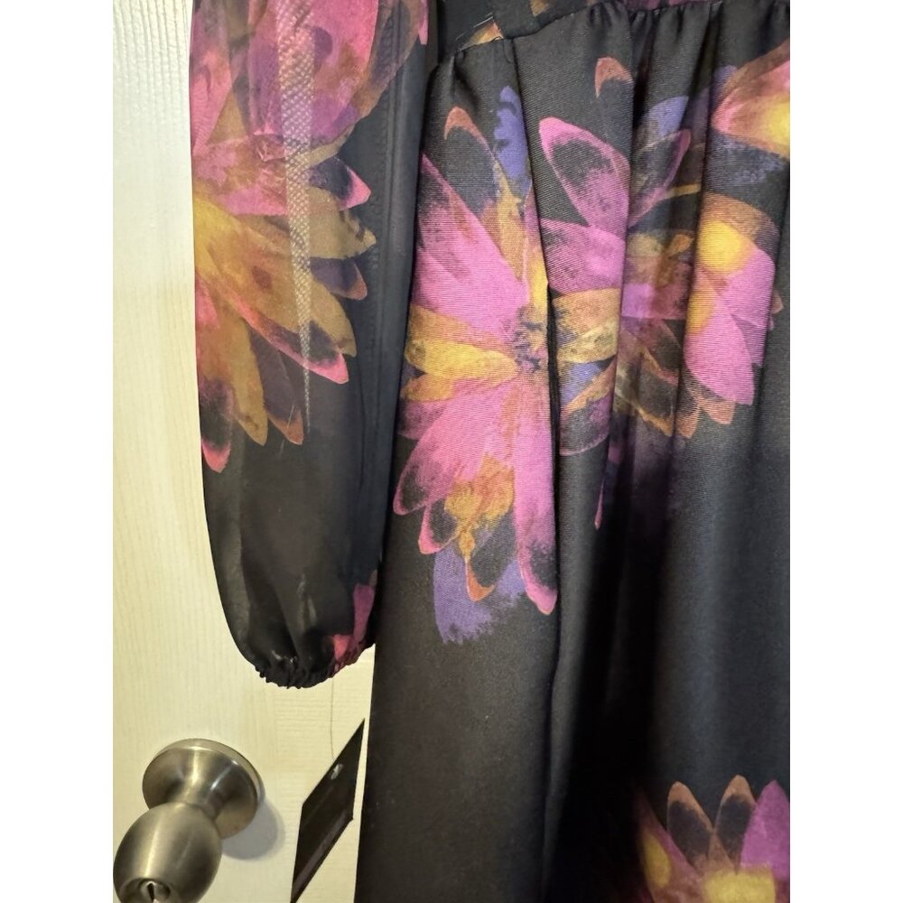 Taylor Dress 12 Black Plum Pink Floral Sheer Long Sleeve A Line Stretch NEW - Picture 7 of 15